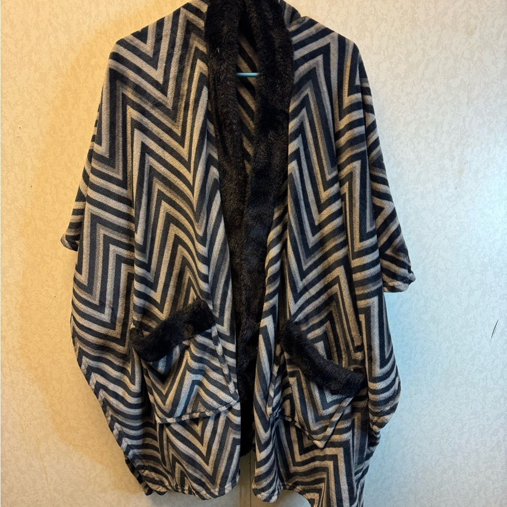 Charter Club Black and Gray Geometric Poncho Sweater